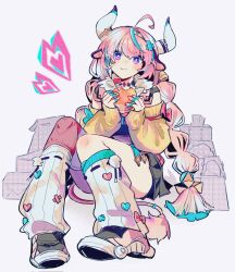 Rule 34 | 1girl, ahoge, animal ears, asymmetrical legwear, black shoes, black skirt, blue hair, box, burger, cow ears, cow girl, cow horns, cow tail, cowlick, dot nose, eating, fang, fang out, food, full body, fur collar, genshin impact, hairband, hands up, heart, highres, hiyomikun, holding, holding burger, holding food, horns, knees together feet apart, leg warmers, light blush, long hair, looking at viewer, microskirt, mismatched legwear, multi-tied hair, multicolored hair, multicolored shoes, off-shoulder sweater, off shoulder, pink eyes, pink hair, pink shoes, pink tail, pleated skirt, pom pom (clothes), red thighhighs, shoes, simple background, single thighhigh, sitting, skirt, sleeves past wrists, solo, streaked hair, sweater, tail, thighhighs, twintails, two-handed, two-tone shoes, varesa (genshin impact), white background, white leg warmers, yellow sweater