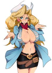 Rule 34 | 1girl, bad id, bad twitter id, belt, boots, breasts, cowboy bebop, cowboy hat, earrings, female focus, hat, heart, heart earrings, highres, jewelry, judy (cowboy bebop), large breasts, looking at viewer, navel, no bra, open clothes, scarf, skirt, slugbox, solo, standing