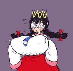 1girl bad_id bad_tumblr_id black_hair blue_necktie blush_stickers bouncing_breasts bow braid breasts bright_pupils covered_erect_nipples cowboy_shot crown female_focus flying_sweatdrops furrowed_brow glasses hair_bow highres huge_breasts huge_nipples kirby_(series) kirby_64 long_hair long_sleeves looking_at_breasts metachoke motion_lines narrow_waist necktie nintendo no_nose parted_lips perky_breasts pink_sailor_collar purple_background purple_eyes queen red_bow red_skirt rimless_eyewear ripple_star_queen sailor_collar shirt simple_background skirt sleeves_past_fingers sleeves_past_wrists solo twin_braids white_pupils white_shirt worried