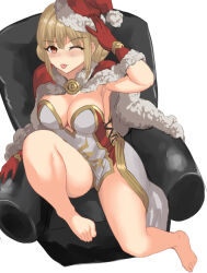 1girl alternate_color armchair barefoot blonde_hair blush breasts brown_eyes cape chair cleavage closed_mouth commentary_request double_bun dress full_body fur-trimmed_cape fur-trimmed_gloves fur-trimmed_headwear fur_trim gloves grey_dress hair_bun hat high_wizard_(ragnarok_online) kathryne_keyron large_breasts layered_dress looking_at_viewer one_eye_closed pom_pom_(clothes) ragnarok_online red_dress sail_(sail-away) santa_hat short_dress short_hair simple_background sitting solo strapless strapless_dress tongue tongue_out two-tone_dress white_background