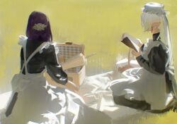 2girls absurdres alternate_costume apron black_dress bloom book brush_stroke closed_umbrella dress earrings elf faux_traditional_media fern_(sousou_no_frieren) frieren grass hair_ornament hat highres holding holding_book jewelry long_hair long_sleeves maid maid_apron mob_cap multiple_girls on_grass open_book outdoors painterly picnic picnic_basket picnic_blanket pointy_ears purple_hair sitting sousou_no_frieren sunlight takoyoomi umbrella white_apron white_hair
