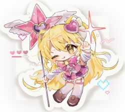 +_+ 1girl ;q armband blonde_hair bow bowtie brown_shoes chibi chibi_only commentary_request don_quixote_(project_moon) e.g.o_(project_moon) full_body hair_ornament heart heart_hair_ornament highres holding holding_staff in_the_name_of_love_and_hate_(e.g.o) limbus_company long_hair long_sleeves looking_at_viewer mage_staff mok_018 one_eye_closed orange_armband pink_bow pink_bowtie pink_garter_straps project_moon shoes simple_background smile solo staff thighhighs tongue tongue_out two_side_up v v_over_head white_thighhighs yellow_eyes