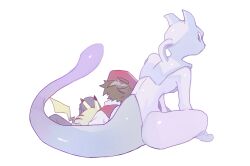 1boy baseball_cap blue_pants brown_hair commentary full_body gen_1_pokemon hat highres indian_style jacket legendary_pokemon looking_at_another mewtwo newo_(shinra-p) nintendo on_lap pants pikachu pokemon pokemon_(creature) pokemon_on_lap pokemon_rgby purple_hair red_(pokemon) red_hat red_jacket shirt short_hair simple_background sitting sleeping sleeping_on_person sleeveless sleeveless_jacket tail white_background white_shirt