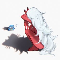 Rule 34 | 1girl, akumi (yoclesh), breasts, cat shadow puppet (meme), colored skin, commentary, completely nude, english commentary, highres, horns, indie virtual youtuber, large breasts, long hair, mascot, meme, neckerchief, nude, oni, open mouth, red nails, red skin, scar, scar on arm, scar on ass, scar on horns, scar on leg, shadow, signature, simple background, skin-covered horns, solo, squatting, surprised, very long hair, virtual youtuber, white background, white hair, wide-eyed, yellow neckerchief, yoclesh