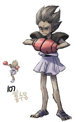 1girl boxing_gloves brown_hair closed_mouth commentary full_body gen_1_pokemon highres hitmonchan nintendo personification pokemon pokemon_(creature) purple_shirt purple_skirt reference_inset shirt short_hair short_sleeves shoulder_pads simple_background skirt solo tamtamdi translated white_background