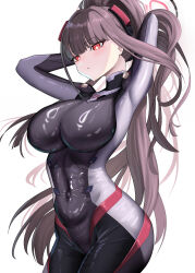 1girl absurdres arms_behind_head black_bodysuit black_hair blue_archive blunt_bangs bodysuit breasts covered_navel hand_in_own_hair highres large_breasts long_hair looking_down official_alternate_costume official_alternate_hairstyle ponytail red_eyes rio_(blue_archive) rio_(bodysuit)_(blue_archive) sidelocks skin_tight solo tangerine_(wbdbsqkfgyul)