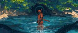 1boy armor concept_art dragon eastern_dragon from_side helmet highres holding holding_sword holding_weapon japanese_armor kabuto_(helmet) katana kote kusazuri mask nature original outdoors reflection ripples samurai scabbard scenery sheath shoulder_armor sode solo standing sword taiyakiki-5687 tree unsheathed wading water weapon