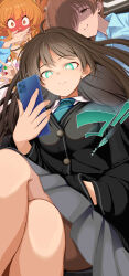3girls :3 @_@ absurdres black_cardigan blue_shirt blush brown_hair cardigan cellphone closed_mouth collared_shirt commentary_request constricted_pupils diagonal-striped_clothes diagonal-striped_necktie ear_piercing fingernails full-face_blush green_eyes grey_skirt half-closed_eyes hand_in_pocket highres holding holding_phone idolmaster idolmaster_cinderella_girls long_hair long_sleeves looking_at_phone morino_shoutarou moroboshi_kirari multiple_girls necktie nitta_minami open_mouth orange_hair partially_shaded_face phone piercing shibuya_rin shirt sitting skirt smartphone striped_clothes