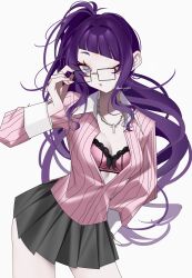 1girl absurdres bra breasts collarbone collared_shirt cross cross_necklace glasses grey_background grey_skirt hand_on_own_hip hazaki_yoshino highres idolmaster idolmaster_shiny_colors jewelry leaning_forward long_hair long_sleeves looking_at_viewer necklace one_eye_closed parted_lips partially_unbuttoned pink_bra pink_shirt pinstripe_pattern pinstripe_shirt pleated_skirt ponytail purple_eyes purple_hair shirt simple_background skirt solo tanaka_mamimi twitter_username unbuttoned unbuttoned_shirt underwear very_long_hair