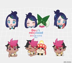 Rule 34 | 1boy, 1girl, :d, black hair, blue eyes, chibi, clenched hands, closed eyes, closed mouth, commentary request, crocalor, eyelashes, gen 4 pokemon, grey background, hair bun, hair ornament, hairclip, hands up, holding, holding phone, liko (pokemon), looking down, meowscarada, multicolored hair, nintendo, open mouth, phone, pink hair, pokemon, pokemon (anime), pokemon (creature), pokemon horizons, rei hinketsu, rotom, rotom phone, roy (pokemon), sidelocks, smile, swept bangs, twitter username, two-tone hair, watermark