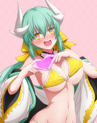 Rule 34 | 1girl, bare shoulders, bikini, blush, bow, breasts, cleavage, detached collar, dragon girl, dragon horns, fate/grand order, fate (series), green hair, hair bow, hasebe akira, heart, heart-shaped pupils, heart hands, horns, japanese clothes, kimono, kiyohime (fate), kiyohime (swimsuit lancer) (first ascension) (fate), large breasts, long hair, long sleeves, looking at viewer, off shoulder, open mouth, smile, solo, swimsuit, symbol-shaped pupils, white kimono, wide sleeves, yellow bikini, yellow bow, yellow eyes