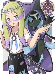 1girl black_skirt blonde_hair border bright_pupils collarbone gen_7_pokemon grey_eyes half-closed_eyes highres legendary_pokemon mina_(pokemon) mina_(sygna_suit)_(pokemon) nasubi_shirasu nintendo official_alternate_costume outside_border paint_splatter paint_splatter_on_face pokemon pokemon_(creature) pokemon_masters_ex skirt smile tapu_fini white_border white_pupils z-move_trainer_pose