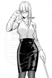Rule 34 | 1girl, adjusting eyewear, alternate costume, blame!, breasts, cibo, collared shirt, cowboy shot, dress shirt, glasses, hand on eyewear, highres, hime cut, looking at viewer, medium hair, monochrome, office lady, pencil skirt, shirt, skirt, smile, solo, spyair4848, white hair