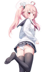 1girl absurdres ahoge art_crab ass black_sailor_collar black_skirt black_thighhighs blue_archive blush closed_mouth from_behind from_below highres long_hair looking_at_viewer natsu_(blue_archive) neckerchief panties pink_hair pleated_skirt red_eyes red_neckerchief sailor_collar shirt side_ponytail skirt soles solo thighhighs underwear white_panties white_shirt