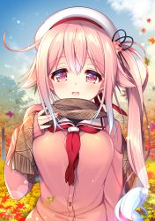 1girl autumn autumn_leaves beret blue_hair blush breasts cloud cloudy_sky commentary_request day female_focus gradient_hair hair_between_eyes hair_flaps hair_ornament hand_on_own_chest harusame_(autumn)_(kancolle) harusame_(kancolle) hat highres kantai_collection leaf long_hair looking_at_viewer medium_breasts multicolored_hair neckerchief open_mouth outdoors pink_eyes pink_hair pink_sweater ringo_sui scarf side_ponytail sidelocks sky solo sweater