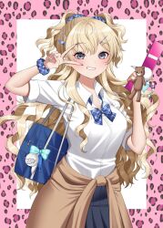 1girl abyssal_ship alternate_costume arm_up bag_charm blonde_hair blue_bag blue_bow blue_bowtie blue_scrunchie border bow bowtie breasts cellphone_charm charm_(object) collared_shirt commentary_request cowboy_shot enemy_aircraft_(kancolle) grey_eyes grey_skirt grin hair_ornament hair_scrunchie highres holding holding_phone jacket kantai_collection large_breasts long_hair looking_at_viewer minneapolis_(kancolle) phone pink_border scrunchie shirt skirt smile solo tied_jacket two_side_up v v_over_eye wavy_hair white_background white_shirt wrist_scrunchie yomogi_dango