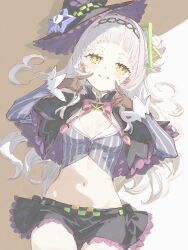 1girl arched_bangs black_capelet black_gloves black_hat breasts brooch capelet cropped_shirt daimyojin_t gloves grey_hair hair_bun hat hexagram_hair_ornament highres hololive jewelry layered_capelet long_sleeves lowleg lowleg_skirt murasaki_shion murasaki_shion_(1st_costume) navel pinstripe_pattern pinstripe_shirt shirt short_eyebrows side_up_bun single_side_bun skirt small_breasts star_brooch striped_clothes striped_shirt tilted_headwear vertical-striped_clothes vertical-striped_shirt virtual_youtuber witch_hat yellow_eyes