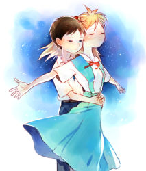 Rule 34 | 1boy, 1girl, arms around waist, bad id, bad pixiv id, blue dress, blue eyes, blue pants, brown hair, closed eyes, dress, hetero, hug, hug from behind, ikari shinji, kuzuvine, neon genesis evangelion, night, night sky, orange hair, outstretched arms, pale skin, pants, parody, red ribbon, ribbon, scene reference, school uniform, shirt, sky, souryuu asuka langley, spread arms, stars, titanic (movie), pants, white shirt