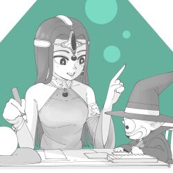 1girl absurdres bare_shoulders blinkster bright_pupils circlet commentary_request crystal_ball cushion detached_sleeves dragon_quest dragon_quest_iv earrings forehead_jewel greyscale hands_up hat highres holding holding_pencil index_finger_raised jewelry long_hair minea_(dq4) monochrome neck_ring official_alternate_costume one-eyed open_mouth orb paper pencil pointy_ears robe smile sphere_earrings table white_pupils witch_hat writing yoshinari_tatsuno
