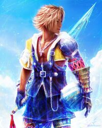 1boy absurdres armor asymmetrical_armor black_overalls blitzball blonde_hair blue_sky brotherhood_(ff10) chain chain_necklace cloud cropped_legs day final_fantasy final_fantasy_x highres jewelry looking_to_the_side male_focus necklace official_style overalls pyrefly silver_necklace sky standing tan tidus tylor_hepner