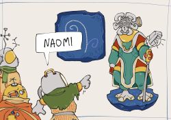 4others gabbro green_scarf hatchling_(outer_wilds) meme multiple_others nomai not_what_i&#039;m_called_(meme) outer_wilds patch pointing riebeck_(outer_wilds) sapiserket scarf solanum_(outer_wilds) spacesuit speech_bubble staff standing