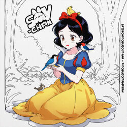 1girl animal animal_on_shoulder bird bird_on_shoulder black_hair blue_bird blue_shirt bow_hairband brown_bird brown_eyes closed_mouth commentary commentary_request english_commentary hairband holding holding_animal holding_bird long_skirt looking_at_animal mixed-language_commentary monochrome_background puffy_short_sleeves puffy_sleeves red_hairband red_lips shirt short_hair short_sleeves sitting skirt smile snow_white_(disney) snow_white_and_the_seven_dwarfs solo soyiamchan yellow_skirt
