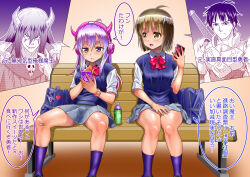 2boys 2girls absurdres armor bandage_on_knee bandaid bench black_footwear blue_bag blue_sweater_vest blush bottle bow breastplate breasts brown_eyes brown_hair cellphone chest_bow demon demon_boy demon_girl demon_horns dress_shirt dual_persona facepaint fangs genderswap genderswap_(mtf) grey_skirt hair_ornament hairclip hand_on_lap hand_up headphones heart highres holding holding_phone horns jewelry kaneko_naoya legs_together long_hair looking_at_phone medium_hair multiple_boys multiple_girls necklace on_bench open_mouth original phone pink_headphones purple_eyes purple_hair purple_socks red_bow rivalry rivalry robe school_uniform shirt sitting skirt skull_bracelet skull_necklace slouching small_breasts smartphone socks spread_legs sweater_vest sword transformation translation_request war_paint warrior weapon weapon_on_back white_shirt wooden_bench