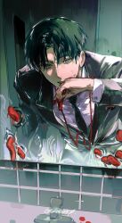 1boy absurdres black_hair black_necktie blood blood_on_face blood_on_hands business_suit collared_shirt commentary english_commentary formal_clothes highres mirror mixed-language_commentary necktie original parted_bangs shirt sink solo suit twice12314