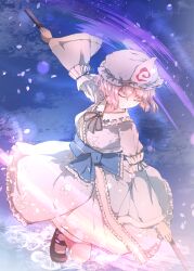 1girl arm_garter black_ribbon black_shoes blue_hat blue_kimono blue_sash closed_eyes closed_mouth commentary_request dancing folding_fan frilled_kimono frilled_shirt_collar frills hand_fan hat highres holding holding_fan japanese_clothes kakera_(comona_base) kimono kneeling long_sleeves mob_cap motion_blur neck_ribbon obi outstretched_arms pink_hair ribbon saigyouji_yuyuko sash shoes smile solo touhou triangular_headpiece wide_sleeves