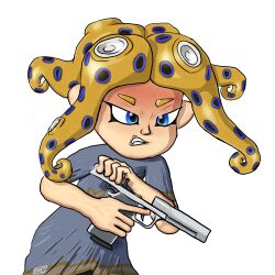 1girl angry blue_eyes blue_shirt clenched_teeth cocking_gun desert_eagle fang floral_print gun handgun highres holding holding_gun holding_weapon long_hair nintendo octoling octoling_girl octoling_player_character octopus_girl orange_hair pistol pointy_ears print_shirt shirt short_sleeves soandnb splatoon_(series) standing suction_cups teeth tentacle_hair veins weapon white_background