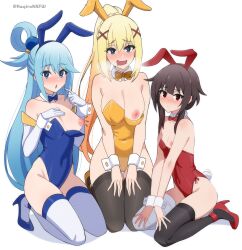 3girls :/ absurdres adapted_costume alternate_costume animal_ears aqua_(konosuba) aroused asymmetrical_legwear bandaged_leg bandages bare_shoulders black_thighhighs blonde_hair blue_bow blue_bowtie blue_eyes blue_footwear blue_hair blue_leotard blue_pupils blush bow bowtie breasts brown_hair cleavage collarbone commentary covered_navel d darkness_(konosuba) detached_collar drooling ear_blush elbow_gloves eyes_visible_through_hair fake_animal_ears fake_tail film_grain full_body gloves gradient_hair hair_between_eyes hair_bobbles hair_ornament hair_rings half_updo hands_up high_heels highleg highleg_leotard highres huge_filesize index_finger_raised kagironsfw kneeling kono_subarashii_sekai_ni_shukufuku_wo! large_breasts leotard loli long_hair looking_at_viewer megumin mismatched_legwear mixed-language_commentary mouth_drool multicolored_hair multiple_girls nipple_slip nipples nose_blush notice_lines one_breast_out open_mouth orange_bow orange_bowtie orange_hair orange_shoes paid_reward_available playboy_bunny pointing pointing_at_self ponytail rabbit_ears rabbit_tail red_bow red_bowtie red_eyes red_leotard shoes short_hair_with_long_locks sidelocks simple_background single_thighhigh sitting small_breasts smile straight_hair strapless strapless_leotard tail thigh_gap thighhighs thighs twitter_username v_arms very_long_hair wariza white_background white_gloves white_thighhighs white_wrist_cuffs wrist_cuffs x_hair_ornament yellow_bow yellow_bowtie
