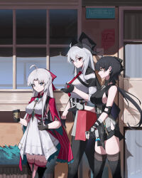 3girls absurdres ahoge armband bare_shoulders black_armband black_dress black_gloves black_hair black_horns black_pants black_shorts black_thighhighs boots bow breasts carlotta_(wuthering_waves) chinese_commentary closed_mouth commentary_request cup curled_horns disposable_cup dress earrings elbow_pads female_rover_(wuthering_waves) gloves grey_hair hair_between_eyes hair_bow hand_up highres holding holding_cup horns jacket jewelry large_breasts long_hair low_ponytail medium_breasts multiple_girls necktie pants parted_bangs pink_bow pink_jacket pink_thighhighs ponytail red_eyes red_necktie rover_(wuthering_waves) shirt shorts sleeveless sleeveless_dress smile striped_bow thighhighs thighhighs_under_boots thighs triangle_earrings white_dress white_shirt wuthering_waves xue_jian_ying yellow_eyes zani_(wuthering_waves)