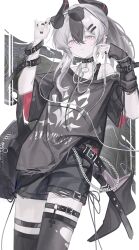 Rule 34 | 1girl, absurdres, alternate costume, arm belt, arm warmers, belt, black arm warmers, black bag, black belt, black collar, black hair, black nails, black shirt, black shorts, black thighhighs, blue archive, chain, collar, cowboy shot, demon girl, demon horns, ear piercing, eyewear on head, highres, horns, kayoko (blue archive), long hair, multicolored hair, nail polish, piercing, ponytail, red eyes, shirt, shorts, single arm warmer, solo, streaked hair, sunglasses, t-shirt, thigh strap, thighhighs, torn clothes, torn thighhighs, white hair, yaoyao (yoyo27456335489)