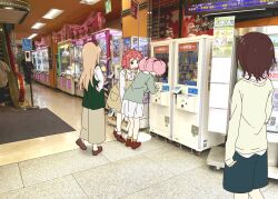4girls akaza_akari akihabara_(tokyo) bell-bottoms blonde_hair blue_shorts bobby_socks bow brown_bow brown_footwear brown_hair brown_socks can cardigan collared_shirt crane_game double_bun drink_can escalator exit_sign frilled_skirt frills from_behind funami_yui green_cardigan green_vest hair_bobbles hair_bow hair_bun hair_intakes hair_ornament highres indoors lamp multiple_girls namori no_socks overall_skirt overalls pants photo_(medium) photo_background pink_hair purple_eyes red_hair shirt shorts skirt soap_dispenser socks toshinou_kyouko twintails vest white_cardigan white_pants white_skirt white_socks yellow_overalls yoshikawa_chinatsu yuruyuri