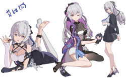 1girl abby_riddle absurdres bare_shoulders black_gloves breasts bronya_zaychik bronya_zaychik_(heart_of_the_night) bronya_zaychik_(silverwing:_n-ex) character_doll closed_mouth commentary_request dress full_body gloves grey_eyes grey_hair hair_between_eyes hair_ornament high_heels highres honkai_(series) honkai_impact_3rd long_hair looking_at_viewer multiple_views official_alternate_costume open_mouth sidelocks simple_background single_glove sleeveless sleeveless_dress standing white_background white_legwear