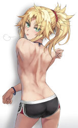 1girl :p ass back black_shorts blonde_hair blush braid breasts butt_crack commentary dolphin_shorts fate/apocrypha fate_(series) green_eyes half_up_braid highres long_hair looking_at_viewer looking_back mordred_(fate) mordred_(fate/apocrypha) parted_bangs ponytail puff_of_air revision short_shorts shorts shoulder_blades sidelocks small_breasts solo thighs toned toned_back tonee tongue tongue_out topless_female v-shaped_eyebrows