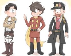 Rule 34 | 10s, 3boys, :&lt;, brown hair, cyborg 009, gakuran, hair over one eye, hat, heart, heart in mouth, jacket, jojo no kimyou na bouken, kamiya hiroshi, kuujou joutarou, levi (shingeki no kyojin), lou soten, male focus, matsuno choromatsu, matsuno jyushimatsu, matsuno osomatsu, multiple boys, ono daisuke, open clothes, open jacket, osomatsu-san, osomatsu (series), sakurai takahiro, scarf, school uniform, shimamura joe, shingeki no kyojin, voice actor connection