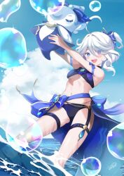 Rule 34 | 1girl, adapted costume, armpit crease, arms up, ascot, azuma yuki, bikini, black bikini, blue ascot, blue brooch, blue eyes, blue gemstone, blue sky, breasts, bubble, cloud, cowlick, drop-shaped pupils, furina (genshin impact), gem, genshin impact, heterochromia, highres, looking at viewer, medium breasts, mismatched pupils, navel, open mouth, short hair, signature, sky, solo, stomach, surintendante chevalmarin, swimsuit, symbol-shaped pupils, teeth, thigh strap, upper teeth only, vision (genshin impact), wading, water, white hair