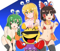4girls absurdres ahoge benikurage_(cookie) bikini black_thighhighs blonde_hair blue_background blush bow braid breasts censored censored_identity cleavage commentary_request cookie_(touhou) cross fake_antennae feet_out_of_frame frilled_bow frilled_hair_tubes frills frog_hair_ornament gomimaro green_bikini green_eyes green_hair hair_bow hair_ornament hair_tubes hakurei_reimu highres kirisame_marisa kochiya_sanae large_breasts long_hair looking_at_viewer mars_(cookie) mosaic_censoring multiple_girls navel open_mouth pac-man pac-man_(game) paseri_(cookie) patchouli_knowledge purple_hair red_bikini red_bow short_hair side_braid sidelocks single_braid single_hair_tube small_breasts smile swimsuit taisa_(cookie) thighhighs touhou white_background yellow_bikini