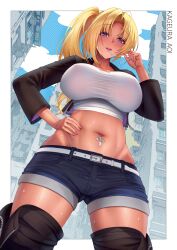 1girl belt black_boots black_jacket blonde_hair blue_sky boots border borrowed_character breasts brick_(atelier_brick) candy character_name chupa_chups cloud collarbone commentary_request commission cowboy_shot crop_top cropped_jacket cross_piercing dark-skinned_female dark_skin day denim denim_shorts food food_in_mouth groin gyaru hair_between_eyes hand_on_own_hip highres jacket large_breasts lollipop long_hair long_sleeves looking_at_viewer midriff navel navel_piercing open_clothes open_jacket open_mouth original outdoors parted_bangs piercing pixiv_commission playing_with_own_hair purple_eyes shirt short_shorts shorts side_ponytail sidelocks skindentation sky solo standing sweat taut_clothes taut_shirt thigh_boots white_belt white_border white_shirt zipper