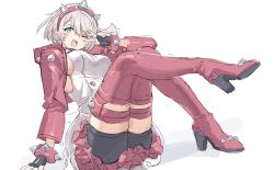 1girl absurdres ahoge arm_support black_gloves black_shorts blue_eyes bob_cut boots bracelet breasts collar dress elphelt_valentine fingerless_gloves gloves guilty_gear guilty_gear_strive hairband highres huanxiang_huifeng huge_ahoge jacket jewelry large_breasts leg_up one_eye_closed open_mouth pink_boots pink_collar pink_hairband pink_jacket short_hair shorts shorts_under_dress sideboob sitting sleeveless sleeveless_dress solo spiked_bracelet spiked_collar spiked_hairband spiked_jacket spiked_legwear_garter spiked_thighlet spikes thigh_boots v white_hair