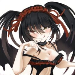 absurdres black_hair breasts cleavage date_a_live headdress heterochromia highres lingerie red_eyes ribbon tokisaki_kurumi twintails underwear