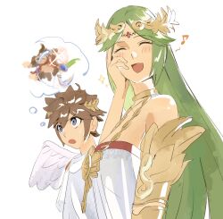 1boy 1girl armlet bare_shoulders blush brown_hair donkey_kong donkey_kong_(series) dress forehead_jewel green_hair highres jewelry kid_icarus kid_icarus_uprising long_hair looking_at_viewer nakmini nintendo open_mouth palutena parted_bangs pit_(kid_icarus) smile super_smash_bros. tiara very_long_hair wings