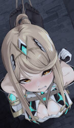 1girl absurdres bdsm black_pantyhose blonde_hair bondage bound breasts clenched_teeth commission female_focus glaring highres mythra_(xenoblade) pantyhose seirein_(seireinnnn) shibari skeb_commission solo teeth xenoblade_chronicles_(series) xenoblade_chronicles_2