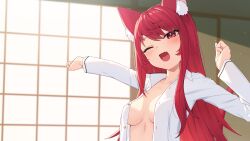 1girl absurdres animal_ear_fluff animal_ears blush breasts cat_ears cat_girl cat_tail collared_shirt commentary_request commission hair_between_eyes highres hiyori_akane indie_virtual_youtuber indoors long_hair looking_at_viewer naked_shirt nishino_eri one_eye_closed open_clothes open_mouth open_shirt pixiv_commission red_eyes red_hair shirt shouji sliding_doors small_breasts smile solo tail upper_body very_long_hair virtual_youtuber white_shirt yawning