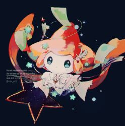 Rule 34 | absurdres, blue eyes, floating, gen 3 pokemon, hair ornament, highres, jirachi, legendary pokemon, mythical pokemon, nintendo, no humans, pokemon, pokemon (creature), ribbon, simple background, solo, star (symbol), su (sajo su5), twitter username, white ribbon