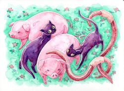 Rule 34 | animal, animal focus, border, bug, cat, colored sclera, colored skin, commentary, english commentary, field, fleebites, flower, flower field, grass, green background, green eyes, green sclera, highres, looking at viewer, no humans, no mouth, original, outdoors, oversized animal, painting (medium), pig, pink skin, purple cat, purple flower, purple fur, red flower, squinting, tail raised, traditional media, watercolor (medium), white border, worm, yellow eyes, yellow sclera