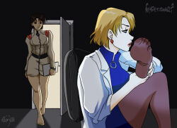 2girls akagi_ritsuko artist_name bare_legs barefoot blonde_hair brown_hair chair darkness earrings holding_own_leg ibuki_maya indoors jewelry lab_coat leg_up lips military_uniform multiple_girls neon_genesis_evangelion rhaydan short_hair sitting standing thighhighs