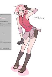 1girl :o armpits art_program_in_frame black_boots black_shorts boots commentary_request dated forehead_jewel gloves green_eyes haruno_sakura highres looking_at_viewer naruto_(series) naruto_shippuuden ninja open-toe_boots open_mouth pink_hair red_shirt shirt short_hair short_shorts shorts sleeveless sleeveless_shirt solo suzu_(tg_390) white_background