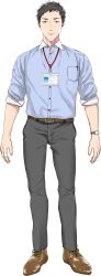 1boy belt belt_buckle black_eyes black_hair blue_shirt breast_pocket brown_belt brown_shoes buckle buttons closed_mouth collared_shirt dress_shirt grey_pants highres id_card lanyard looking_at_viewer male_focus nijisanji official_art otototo pants pen pocket shirt shirt_tucked_in shoes short_hair sleeves_rolled_up smile solo tachi-e transparent_background very_short_hair virtual_youtuber watch wristwatch yashiro_kizuku yashiro_kizuku_(1st_costume)